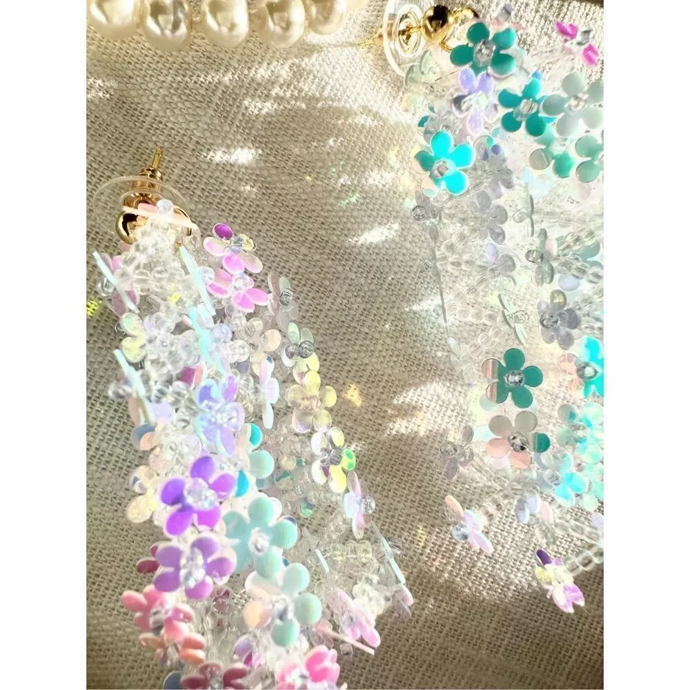 Holographic sequin flowers and beaded dangle earrings ￼